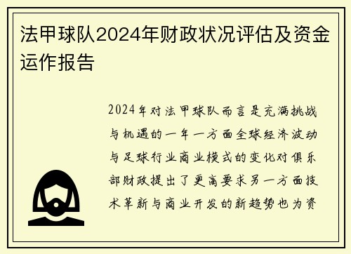 法甲球队2024年财政状况评估及资金运作报告